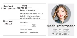 Size chart and fabric details for this slim fit lace dress in white, blue, and gray colors