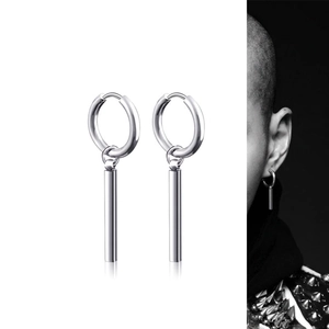 Minimalist silver titanium steel hoop earrings with long bar drop pendant for men and women