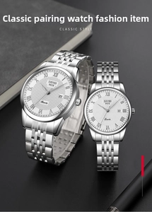 Detail of classic quartz couple watches with roman numerals and date display
