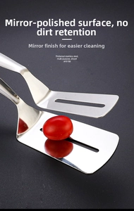 Macro detail of 304 stainless steel spatula clip with mirror polished finish and hollow slots