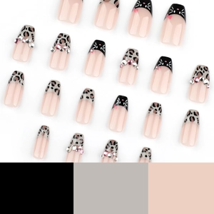 Short leopard print ballet press-on nails with black cat motifs and rhinestones