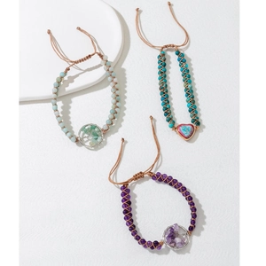 Adjustable braided stone bracelets with tree of life and heart pendants set