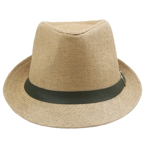 Detail of light tan straw fedora featuring a black leather band and silver buckle