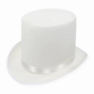 Detailed view of white felt top hat featuring a smooth silk ribbon and structured crown