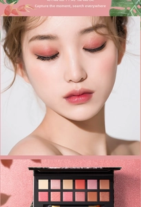 Detail of 12-color eyeshadow palette with matte, shimmer and glitter textures plus brush