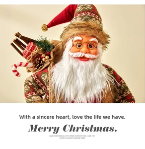 Close-up of Santa Claus figurine with red knit outfit and burlap gift sack
