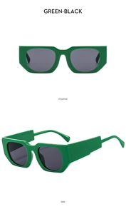 Detail view showing front and side of green rectangular sunglasses with black lenses