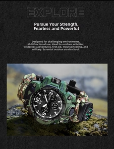 Outdoor survival watch with dual-display dial, paracord strap and built-in compass