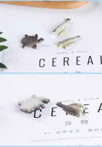 Close-up of PVC resin sea animal fridge magnets with detailed turtle and fish designs