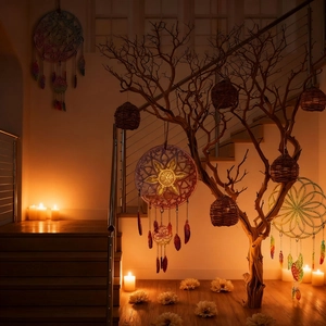 Handgemaakte boho dromenvanger met kleurrijke veren en kralen voor wanddecoratie in huis