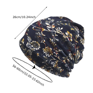 Floral print knit beanie for women with double-layer cashmere texture in navy blue