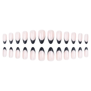 Classic almond press-on nails with natural pink base and elegant black French tips