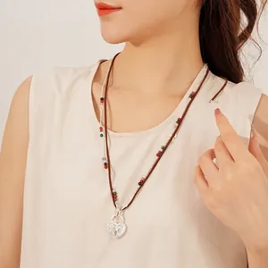 Double-layer leather cord necklace with vintage silver heart lock pendant and stone beads