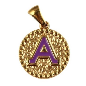 Gold stainless steel round pendant with purple letter A on a clean white background