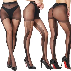 Women Sheer Pantyhose Vertical Shadow Stripes Back Seam Sexy Stretchy Tights Nylon Spandex Slimming Effect Slim Fit Color Black