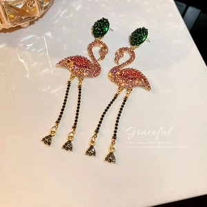 Graceful flamingo tassel earrings with colorful rhinestones and long chain dangles