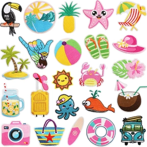 Summer Beach Theme Embroidery Patches Polyester Decorative Tropical Iron On Appliques For Clothing Decorations