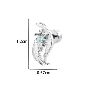 Silver heart zircon angel wing stud earring with 1.2cm height and 0.57cm width dimensions