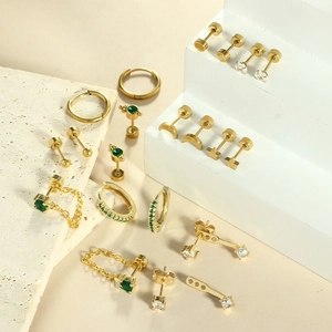 Gold stainless steel stud earring set with emerald and white zircon accents