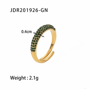 18K gold plated titanium steel ring with triple row green zircon inlay 0.4cm wide