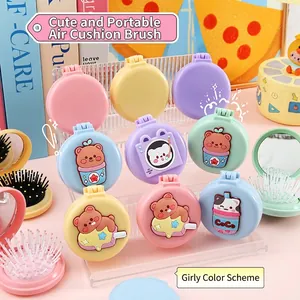 Cute cartoon folding hairbrush with mirror in portable candy-colored air cushion design