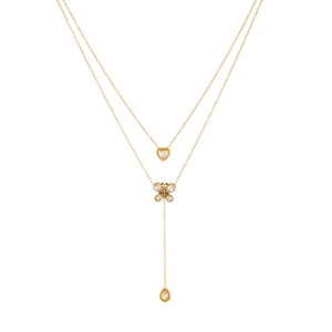 Double-layered gold stainless steel necklace featuring heart, butterfly, and teardrop charms