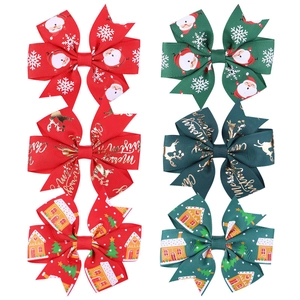 Christmas Bows Hair Clips For Girls Grosgrain Ribbon Gold Stamped Merry Christmas Reindeer Pattern Festive Holiday Accessories