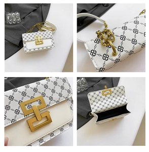 Détails du sac blanc à monogramme avec fermoir doré géométrique et bandoulière chaîne