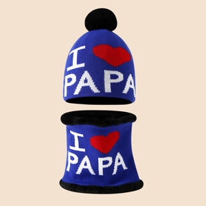 Winter knit set for kids featuring PAPA jacquard beanie with pompom and matching neck warmer