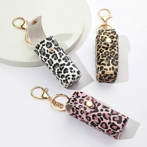 Leopard Print PU Leather Lipstick Holder Keychain Portable Lip Balm Case Storage Bag Charm Accessories For Women Girls