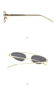Detailed side and back view of golden metal cat-eye sunglasses with dark grey lenses