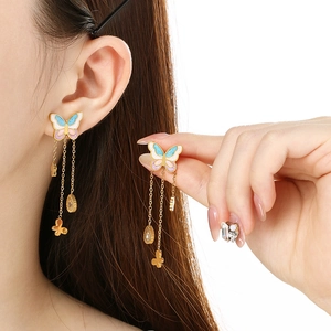 Fashionable butterfly tassel earrings with blue-pink enamel and gold plated chain drops