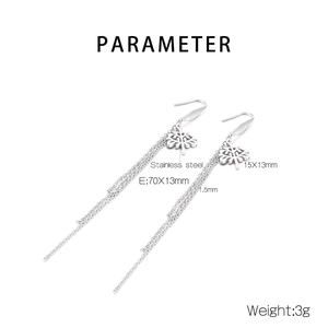 Detailed parameter display of silver stainless steel long tassel earrings with tree pendant