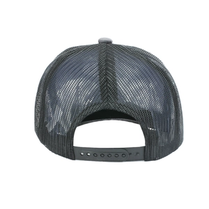 Detail view of the breathable mesh back and adjustable snapback closure on a black trucker cap