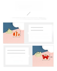 Detail view of clownfish and crab enamel charms showing exact dimensions and alloy materials