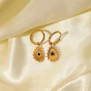 Vintage 18k gold plated stainless steel teardrop earrings with black gemstone and sun pattern