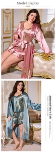 Detailed view of women's floral silk pajama 3-piece set in pink and teal green
