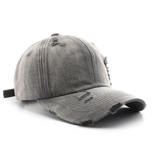 Retro washed charcoal denim baseball cap with distressed details and adjustable strap