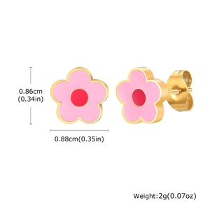 Detailed view of pink flower earrings with gold edges, measuring 0.88cm and 0.86cm