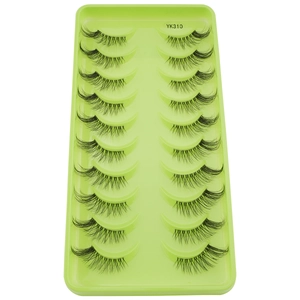 Macro detail of YK310 natural thick half lashes in 10-pair set on green tray