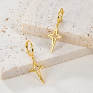 Polished S925 sterling silver four-pointed star hoop earrings in radiant gold finish
