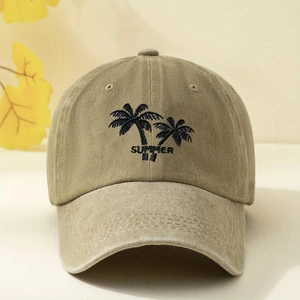 Khaki washed cotton baseball cap with summer palm tree embroidery and distressed finish