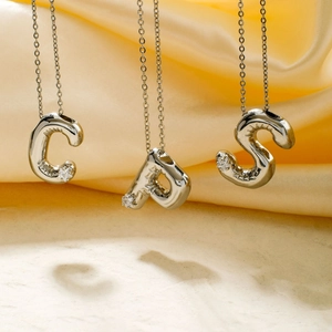 Balloon style 26 letters silver necklace with zircon initials A C S on yellow silk