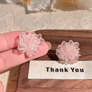 Detailed close-up of pink translucent floral earrings with S925 silver needles