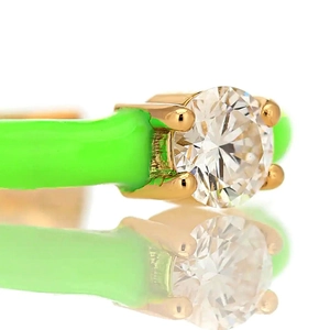 Neon green enamel ring with 18k gold plating and sparkling round CZ center stone
