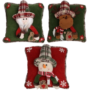 Three Christmas decorative plush pillows featuring Santa, reindeer, and snowman in red plaid