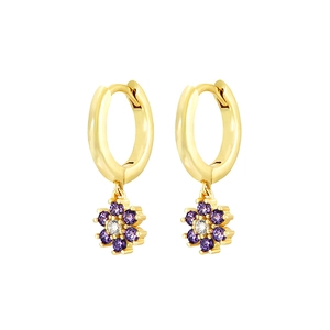 French vintage gold hoop earrings with purple gemstone flower charms and white center