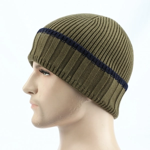 Detail of army green ribbed knit beanie showing navy stripes and premium wool texture
