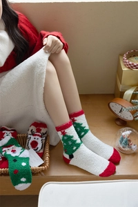 Detailed texture of thick coral fleece Christmas socks featuring festive holiday patterns