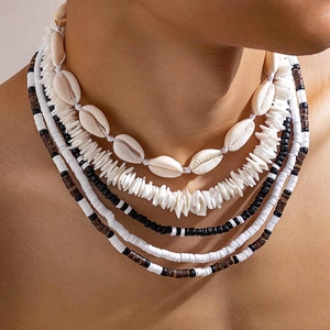 Bohemian multilayer shell and wooden bead necklace set with tropical beach style design